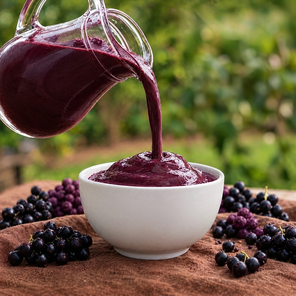 Jarra servindo açaí cremoso em uma tigela branca, cercada por frutos de açaí